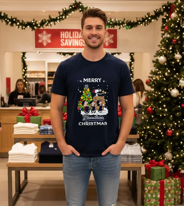 2024 New York Yankees Snoopy And Friends Merry Christmas   Navy T Shirt