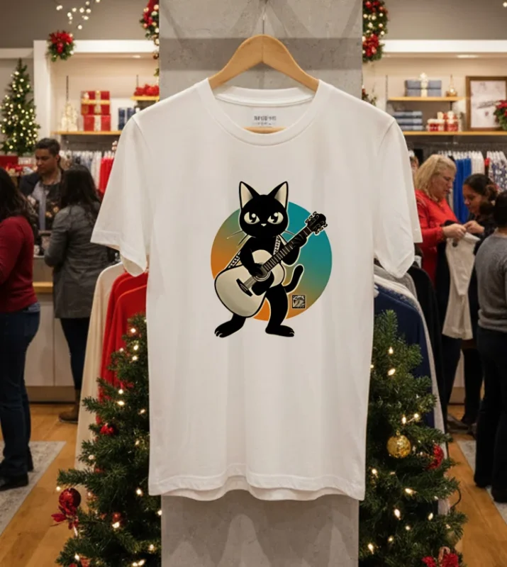 Acoustic Guitar Black Cat T   White T Shirt