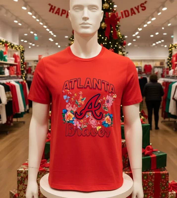 Atlanta Braves Flowers Graphic Pullover   Red T Shirt