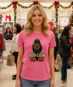 Bitcoin Halloween Ghost   Pink T Shirt
