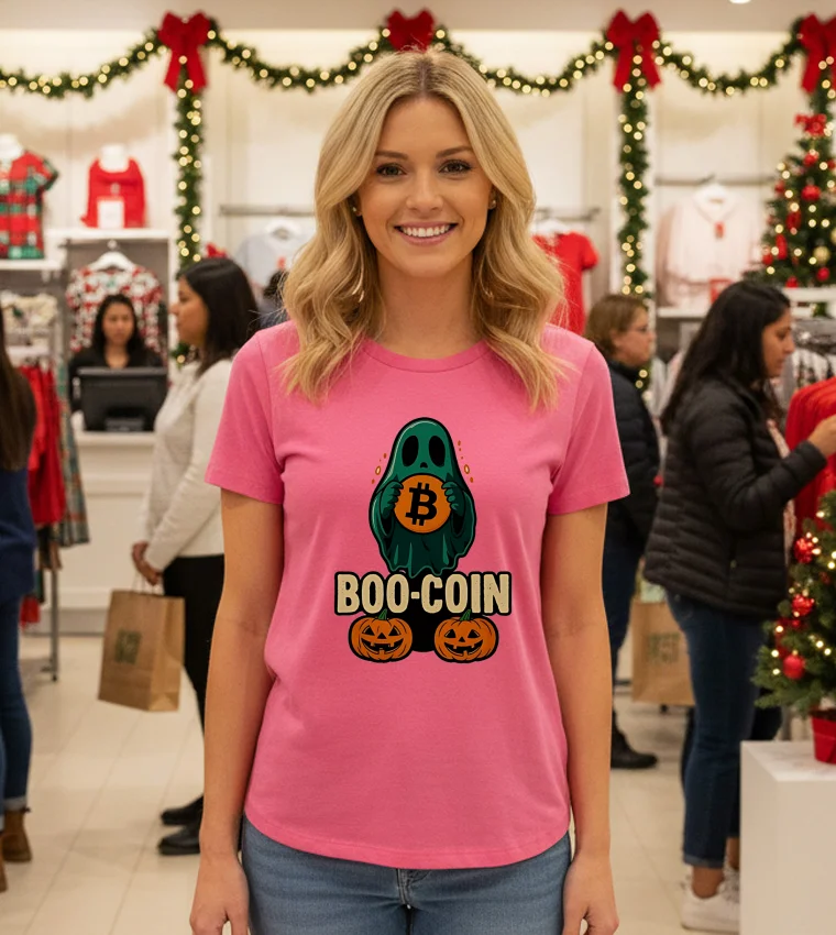 Bitcoin Halloween Ghost - pink-t-shirt Bitcoin Halloween Ghost Pink T Shirt