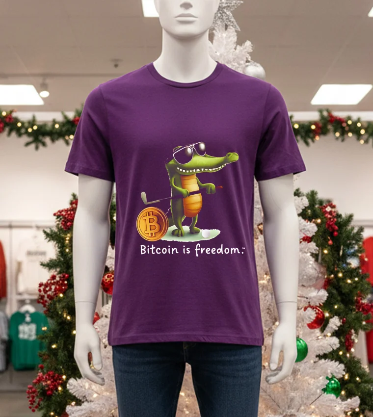 Bitcoin Is Freedom Crocodile Cartoon - purple-t-shirt Bitcoin Is Freedom Crocodile Cartoon Purple T Shirt