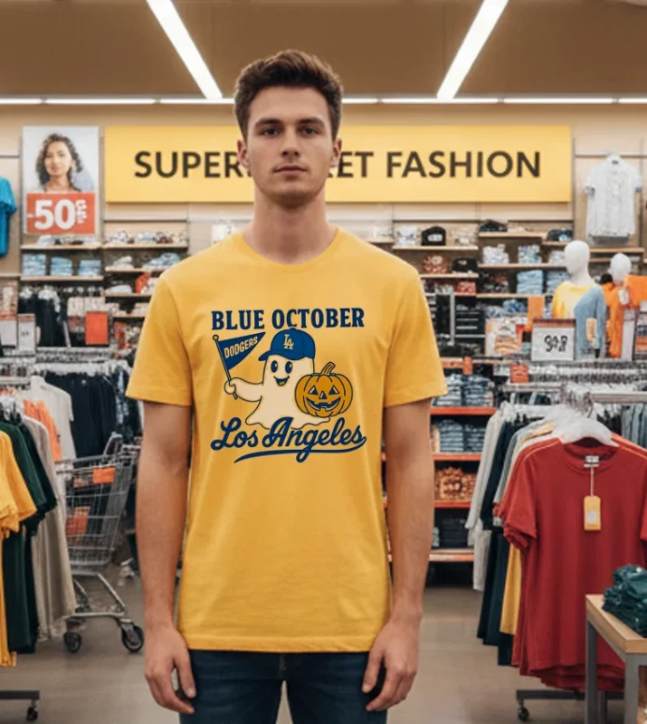 Blue October Ghost Dodgers Los Angeles Baseball Halloween Yellow T Shirt