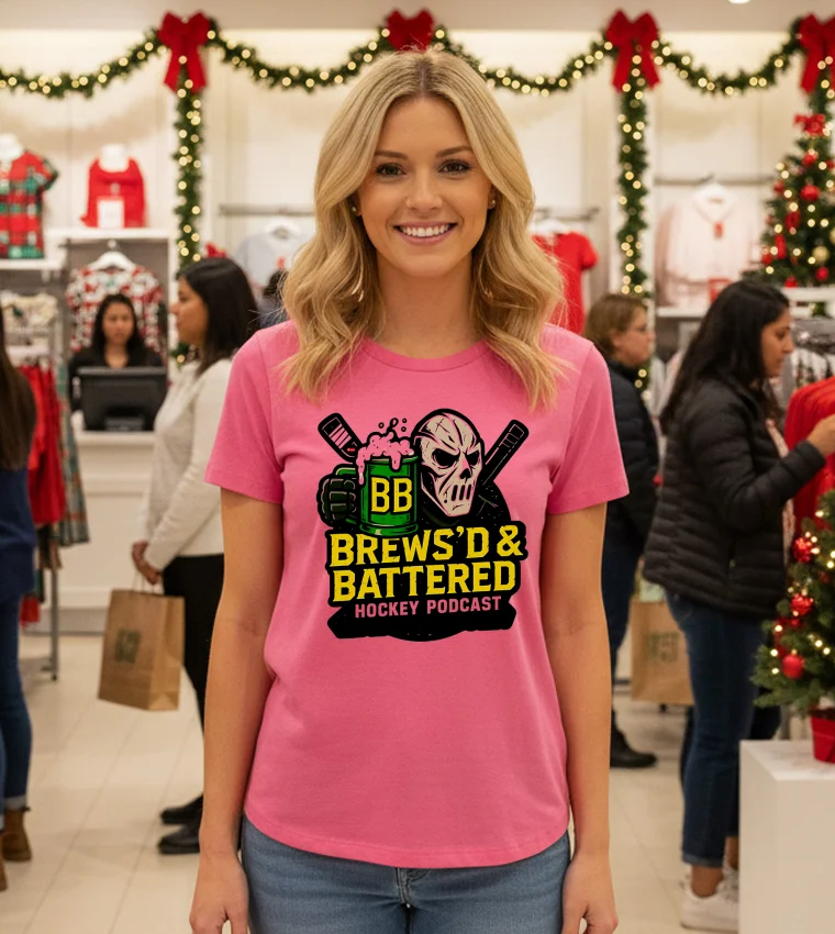 Brews D & Battered Hockey Podcast Logo - pink-t-shirt Brews D Battered Hockey Podcast Logo Pink T Shirt