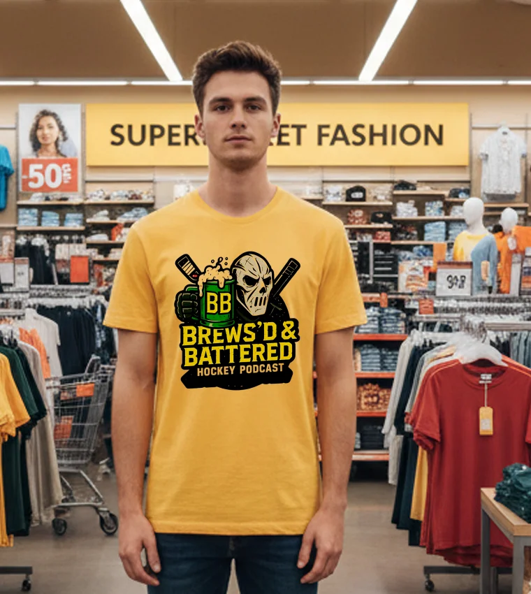 Brews D & Battered Hockey Podcast Logo - yellow-t-shirt Brews D Battered Hockey Podcast Logo Yellow T Shirt