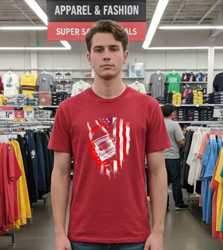 Budweiser Bottle King Of Beers American Flag   Red T Shirt