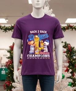 Charlie Brown And Snoopy Los Angeles Dodgers Snoopy Back 2 Back Champions Purple T Shirt