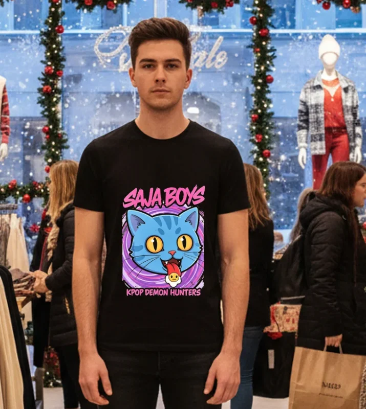 Derpy Tiger Saja Boys Kpop Demon Hunters Blue Cat Black T Shirt