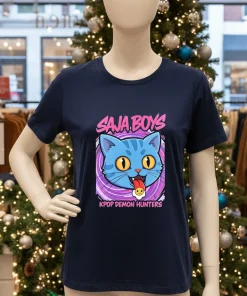 Derpy Tiger Saja Boys Kpop Demon Hunters Blue Cat   Navy T Shirt
