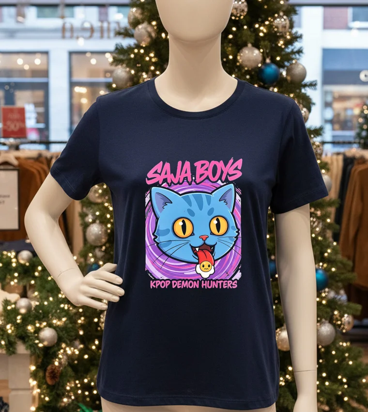 Derpy Tiger Saja Boys Kpop Demon Hunters Blue Cat - navy-t-shirt Derpy Tiger Saja Boys Kpop Demon Hunters Blue Cat Navy T Shirt