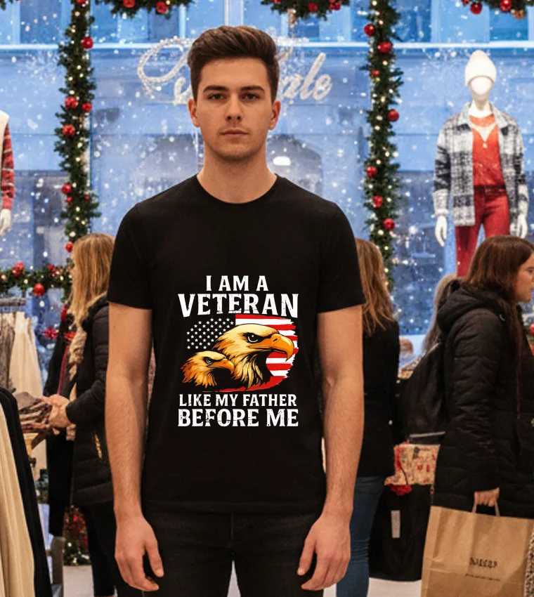 Distorted American Flag Bald Eagles I Am A Veteran Like My Father Before Me Black T Shirt