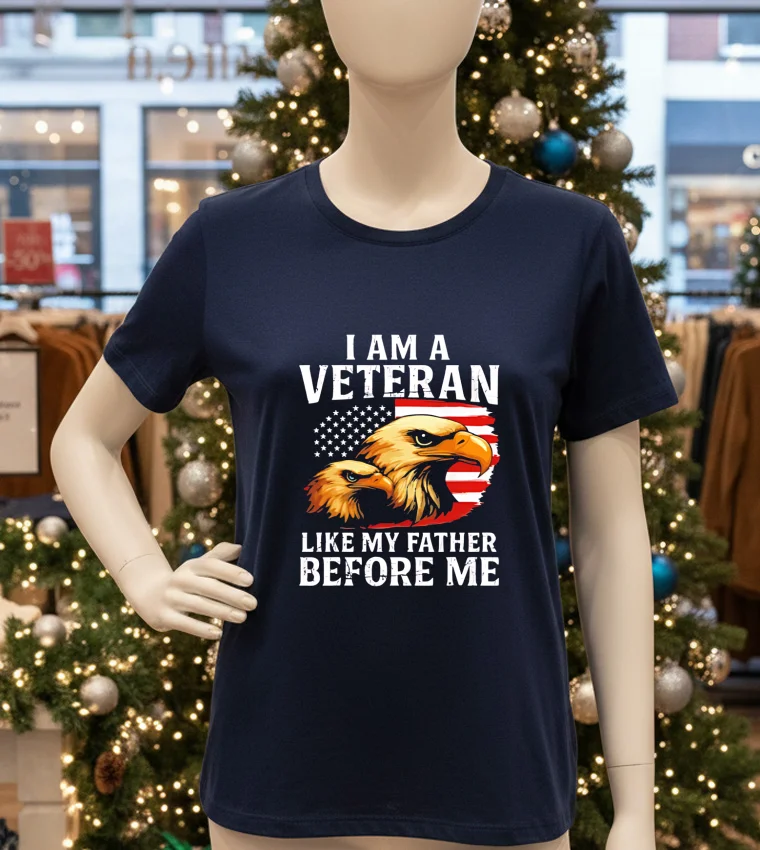 Distorted American Flag Bald Eagles I Am A Veteran Like My Father Before Me Navy T Shirt