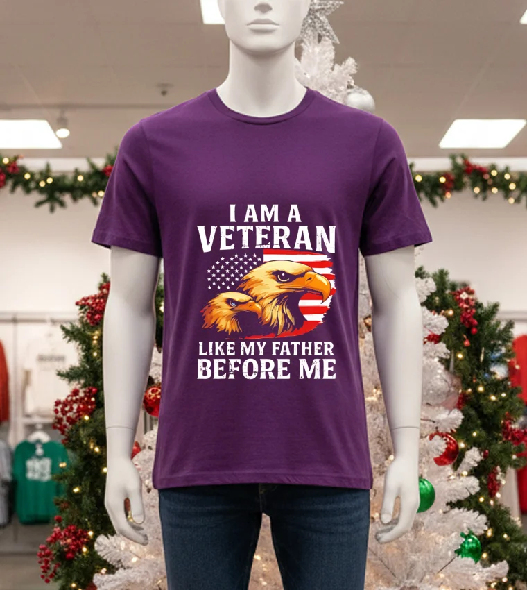 Distorted American Flag Bald Eagles I Am A Veteran Like My Father Before Me Purple T Shirt