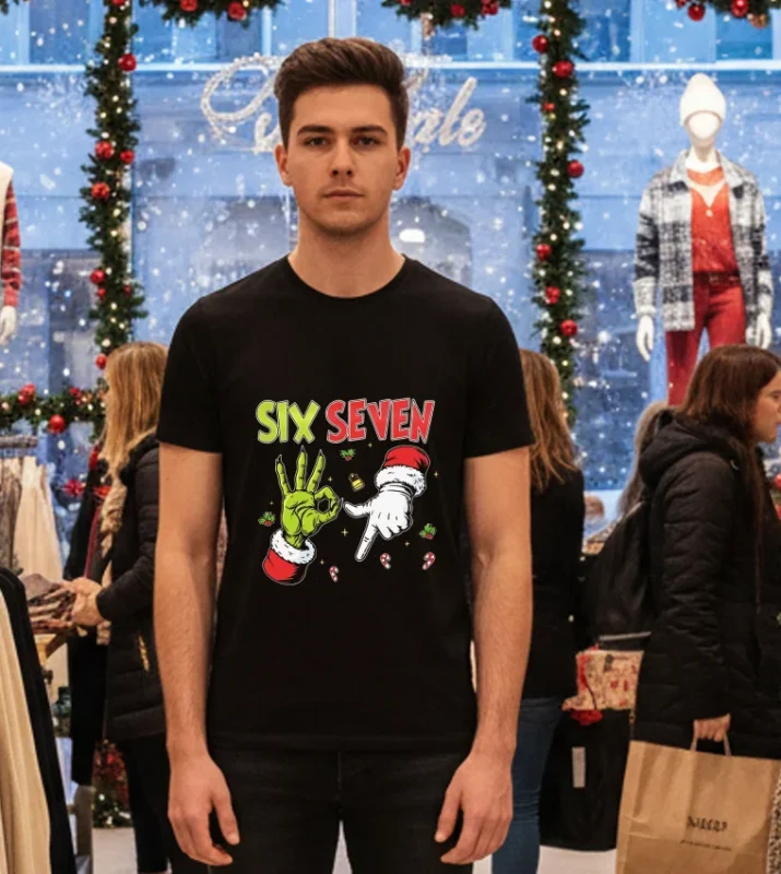 Grinch And Santa Hands Six Seven Christmas 2025   Black T Shirt