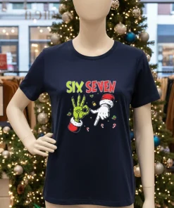 Grinch And Santa Hands Six Seven Christmas 2025   Navy T Shirt