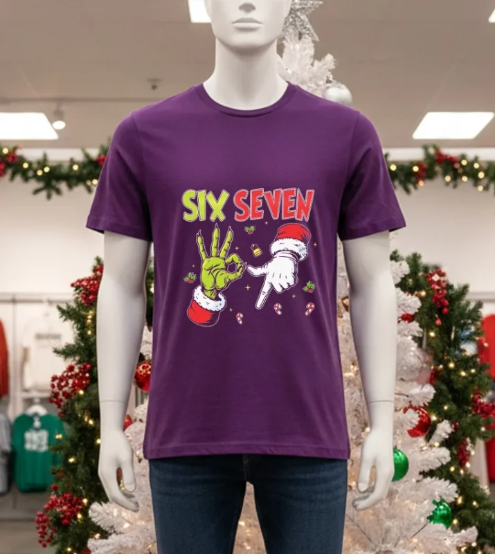 Grinch And Santa Hands Six Seven Christmas 2025   Purple T Shirt