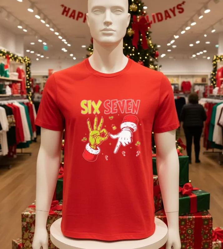 Grinch And Santa Hands Six Seven Christmas 2025   Red T Shirt