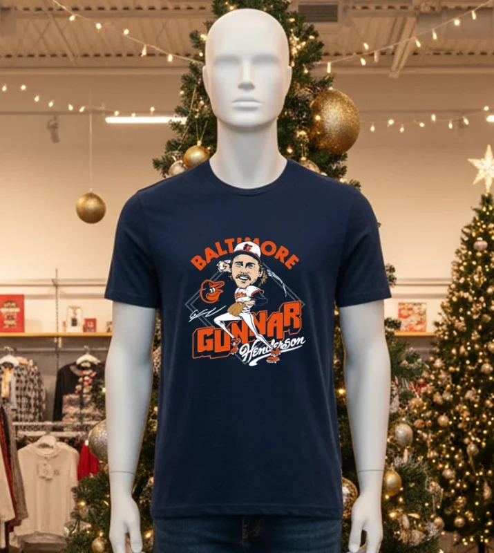 Gunnar Henderson Baltimore Orioles Charcoal Signature Cartoon Black T Shirt