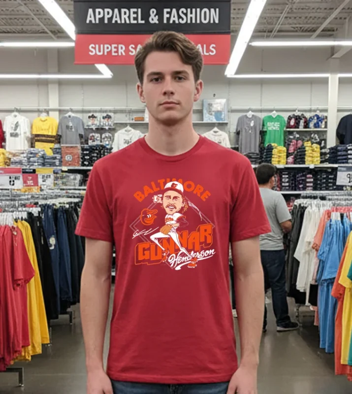 Gunnar Henderson Baltimore Orioles Charcoal Signature Cartoon   Red T Shirt