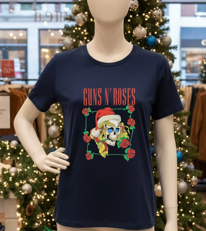 Guns N Roses Holiday Skull   Navy T Shirt