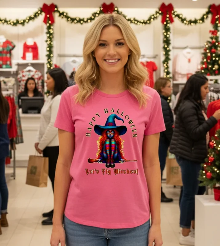 Happy Halloween Lets Fly Witches Halloween Pink T Shirt