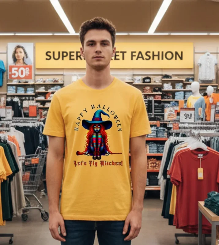 Happy Halloween Lets Fly Witches Halloween Yellow T Shirt