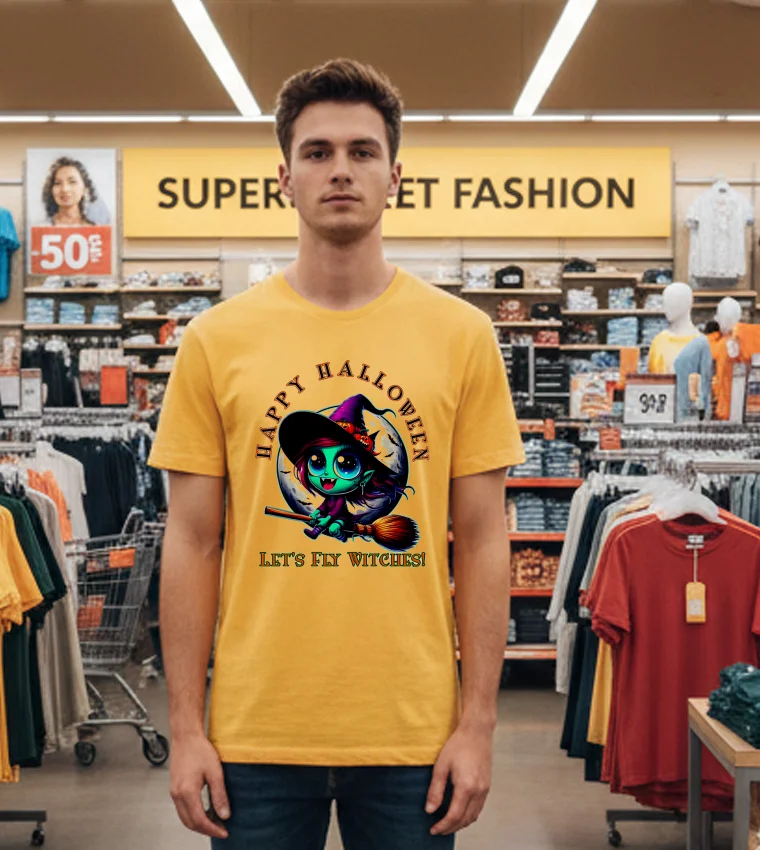 Happy Halloween Lets Fly Witches Vampire Witch Cute - yellow-t-shirt Happy Halloween Lets Fly Witches Vampire Witch Cute Yellow T Shirt