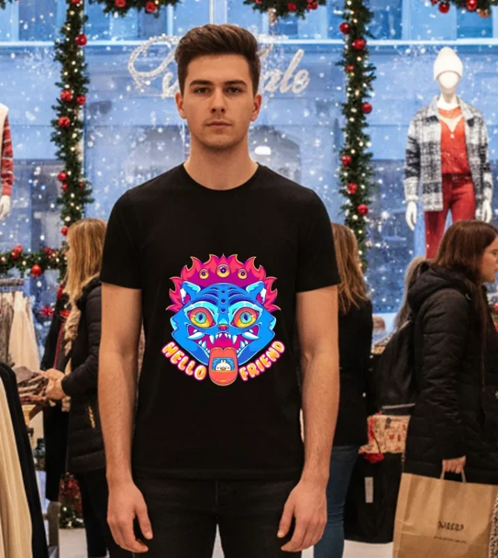 Hello Friend Derpy Tiger Kpop Demon Hunters Quirky Blue Cat   Black T Shirt