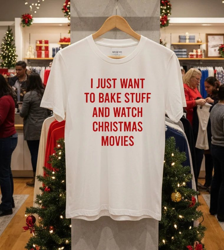 I Just Want To Bake Stuff And Watch Christmas Movies - white-t-shirt I Just Want To Bake Stuff And Watch Christmas Movies White T Shirt
