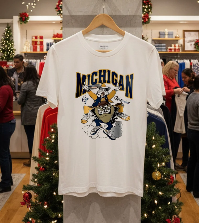 Michigan Go Wolverines Looney Tunes Bugs Bunny And Tasmanian Devil - white-t-shirt Michigan Go Wolverines Looney Tunes Bugs Bunny And Tasmanian Devil White T Shirt