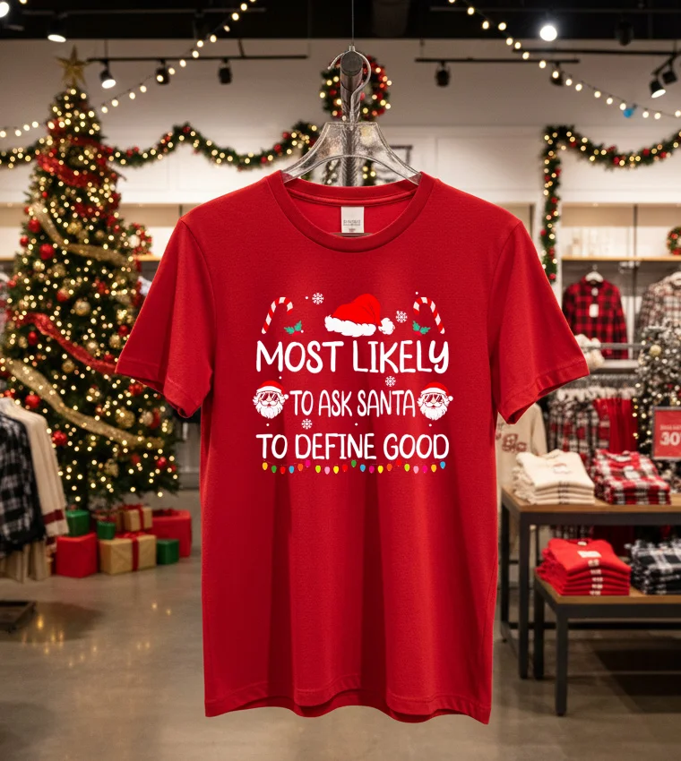 Most Likely To Ask Santa To Define Good Christmas - red-t-shirt Most Likely To Ask Santa To Define Good Christmas Red T Shirt