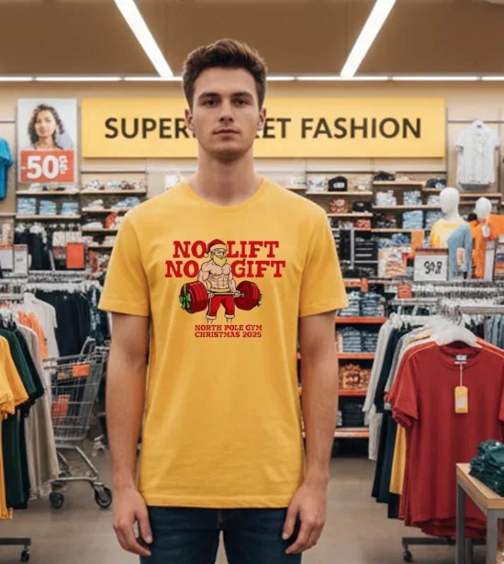 No Lift No Gift Gym Santa Christmas Yellow T Shirt