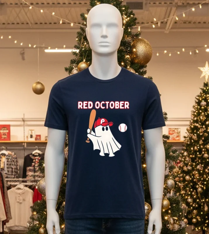 Phillies Red October Ghost Halloween Baseball Black T Shirt