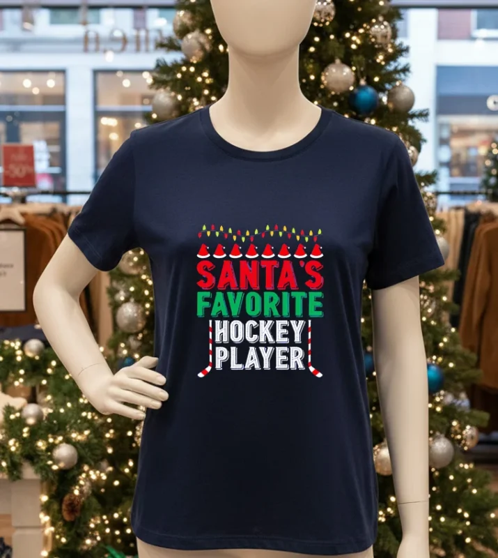 Santa S Favorite Ice Hockey Player Christmas Navy T Shirt