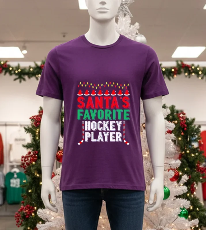Santa S Favorite Ice Hockey Player Christmas Purple T Shirt