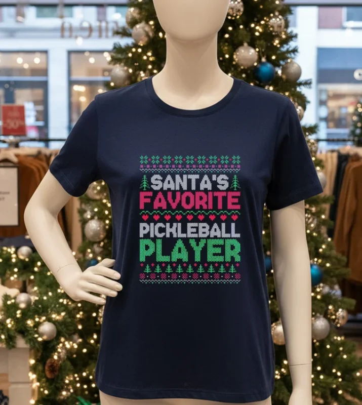 Santas Favorite Pickleball Player Ugly Christmas   Navy T Shirt