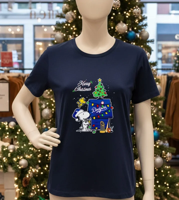 Snoopy And Woodstock Los Angeles Godgers 2024 World Champions Cup Merry Christmas Navy T Shirt