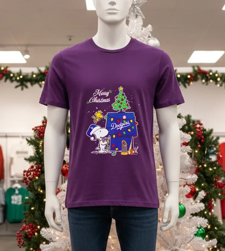 Snoopy And Woodstock Los Angeles Godgers 2024 World Champions Cup Merry Christmas   Purple T Shirt