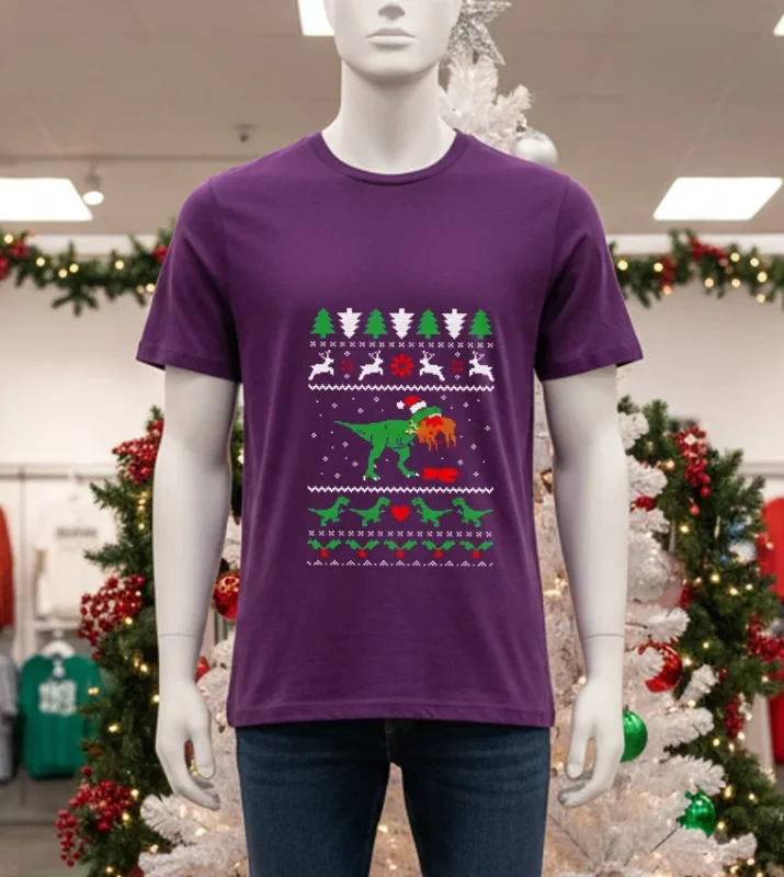 T Rex Eating Reindeer Jurassic Christmas   Purple T Shirt