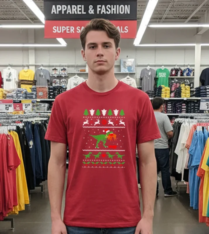 T Rex Eating Reindeer Jurassic Christmas   Red T Shirt