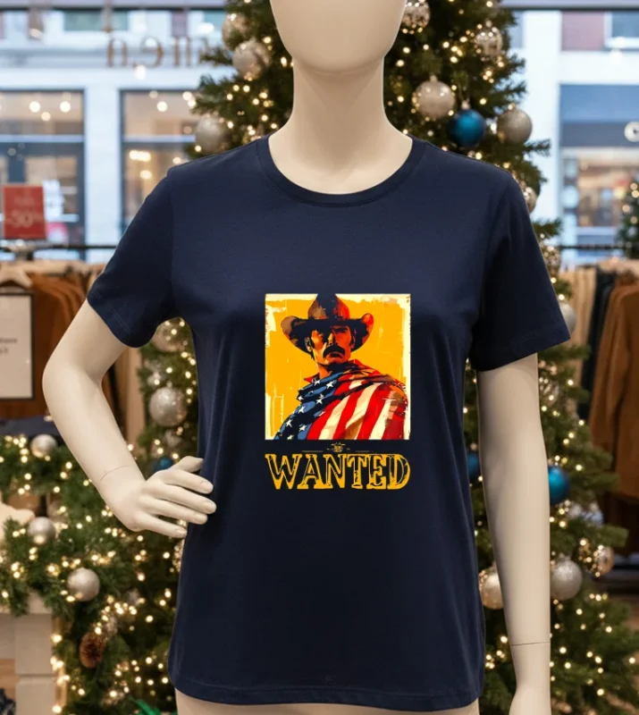 Wanted Cowboy With American Flag Navy T Shirt