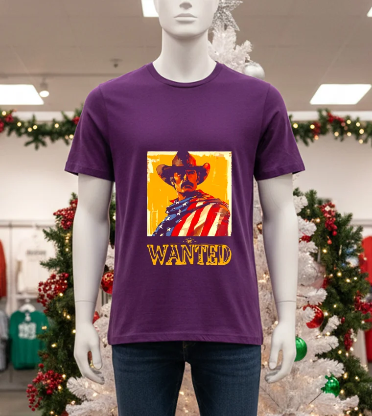 Wanted Cowboy With American Flag - purple-t-shirt Wanted Cowboy With American Flag Purple T Shirt