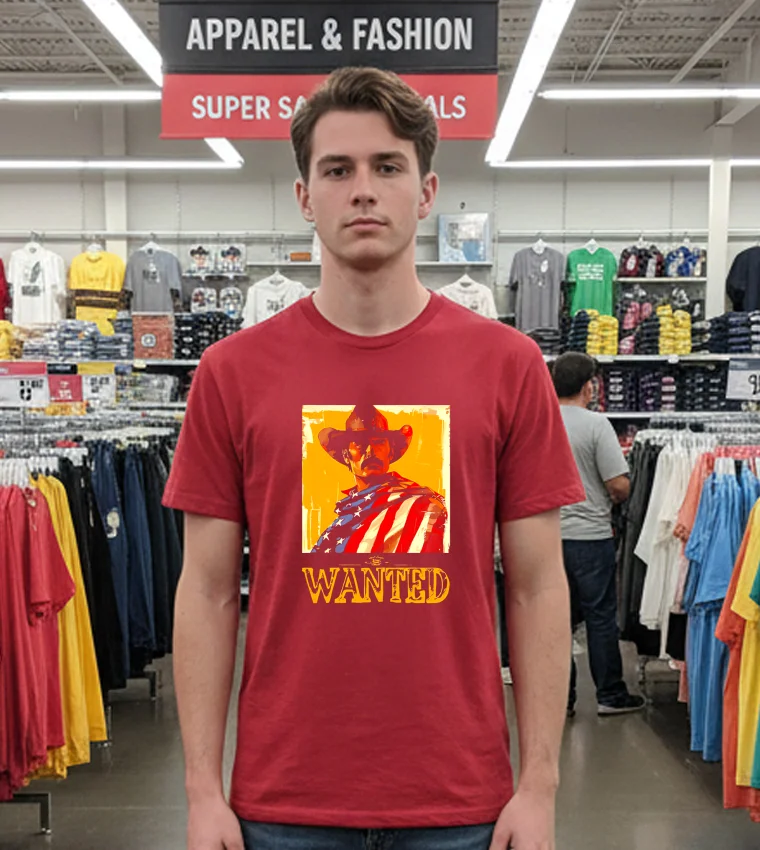 Wanted Cowboy With American Flag - red-t-shirt Wanted Cowboy With American Flag Red T Shirt