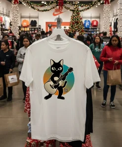 Acoustic Guitar Black Cat T   White T Shirt