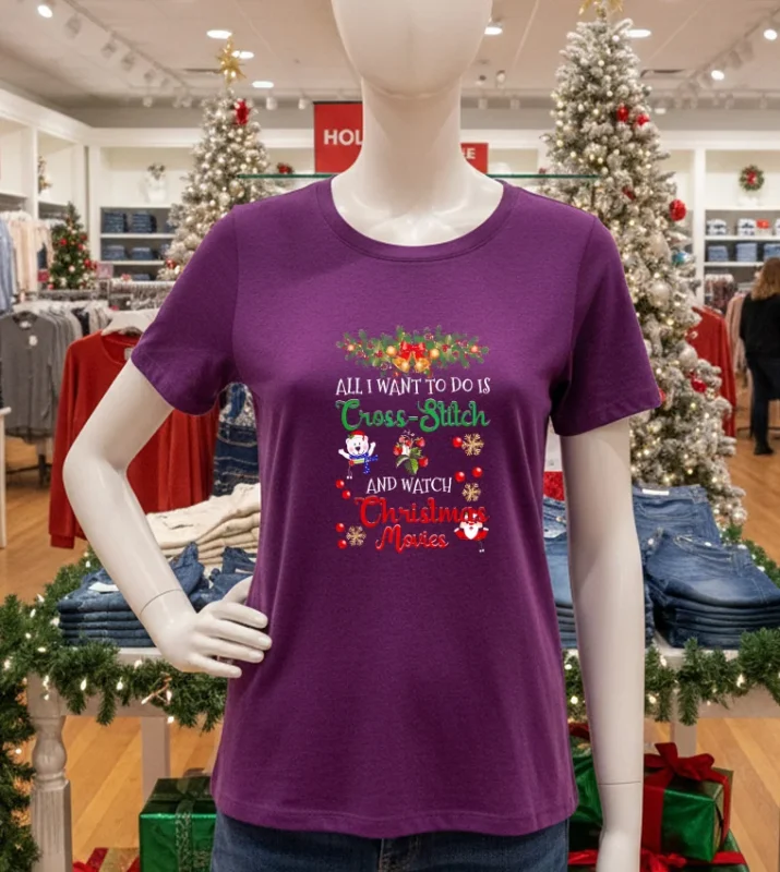 All I Want To Do Is Cross Stitch And Watch Christmas Movies Purple T Shirt