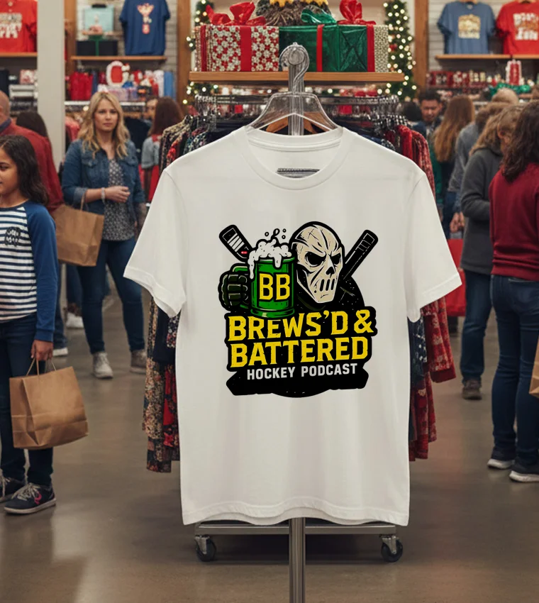 Brews D & Battered Hockey Podcast Logo - white-t-shirt Brews D Battered Hockey Podcast Logo White T Shirt 1