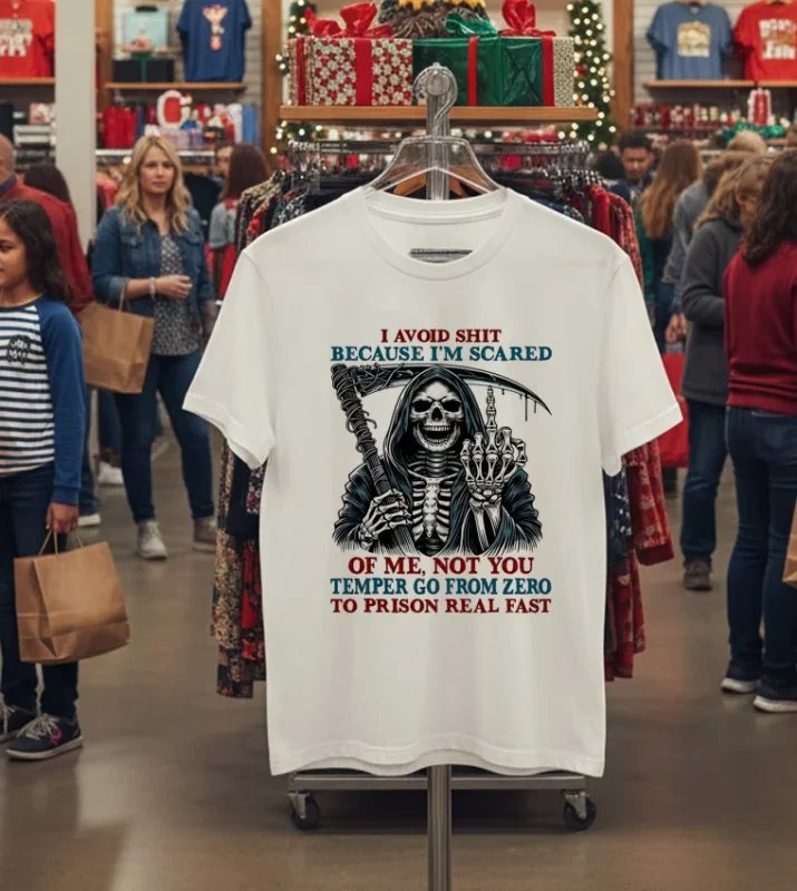 Death Skeleton I Avoid Shit Because I M Scared Of Me Not You Temper Go From Zero To Prison Real Fast T   White T Shirt