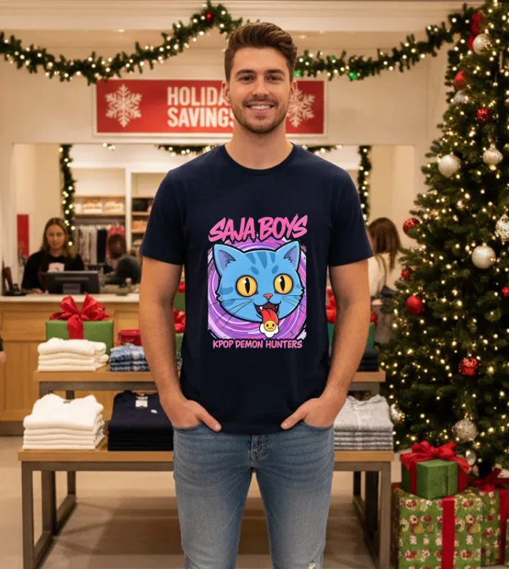 Derpy Tiger Saja Boys Kpop Demon Hunters Blue Cat Navy T Shirt