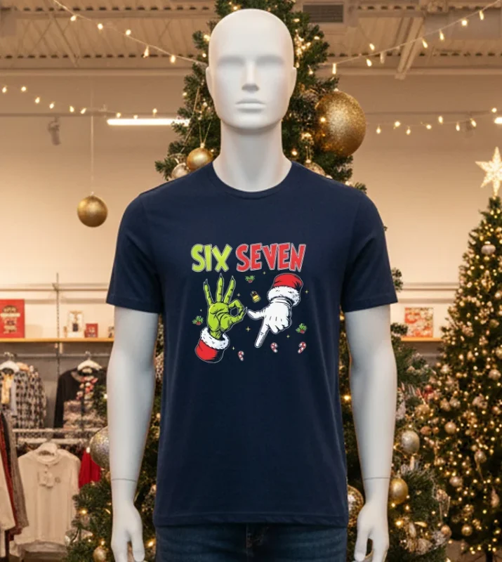 Grinch And Santa Hands Six Seven Christmas 2025 Black T Shirt