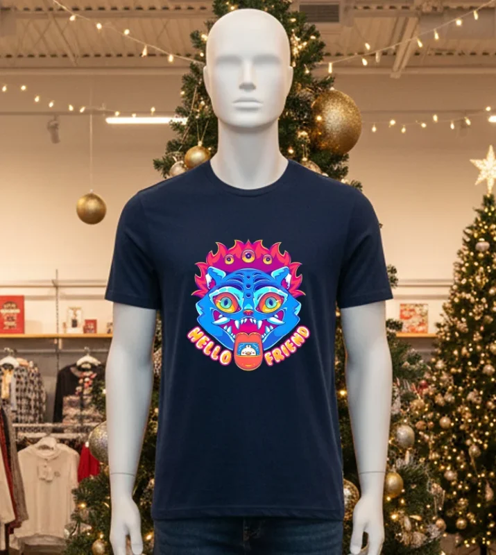 Hello Friend Derpy Tiger Kpop Demon Hunters Quirky Blue Cat   Black T Shirt